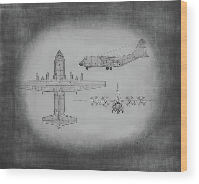 C130 Wood Print featuring the drawing C130 Hercules by Gregory Lee