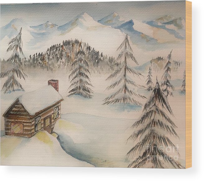 Snow Wood Print featuring the painting Cabin in the Rockies by Mastiff Studios