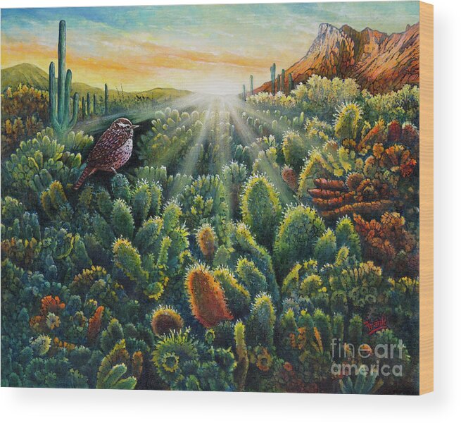 Cactus Wren Wood Print featuring the painting Cactus Wren by Michael Frank