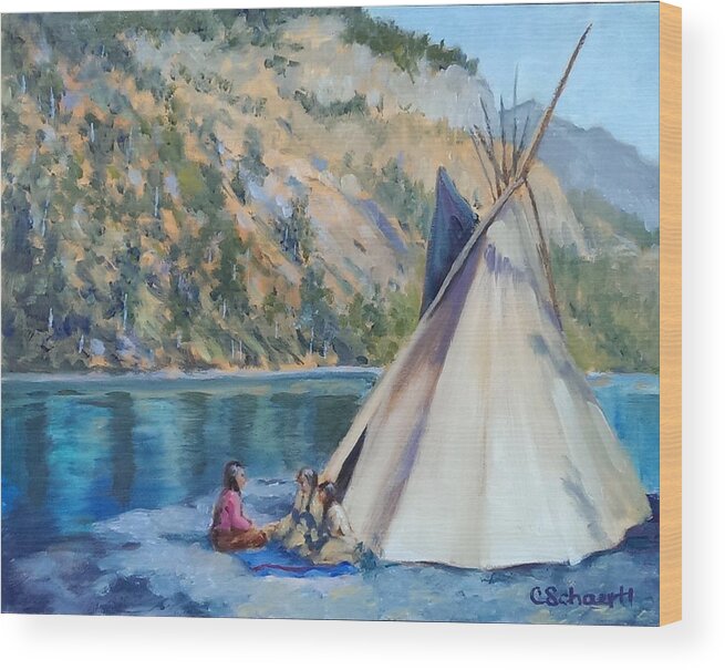 Tipi Wood Print featuring the painting Camp by the Lake by Connie Schaertl