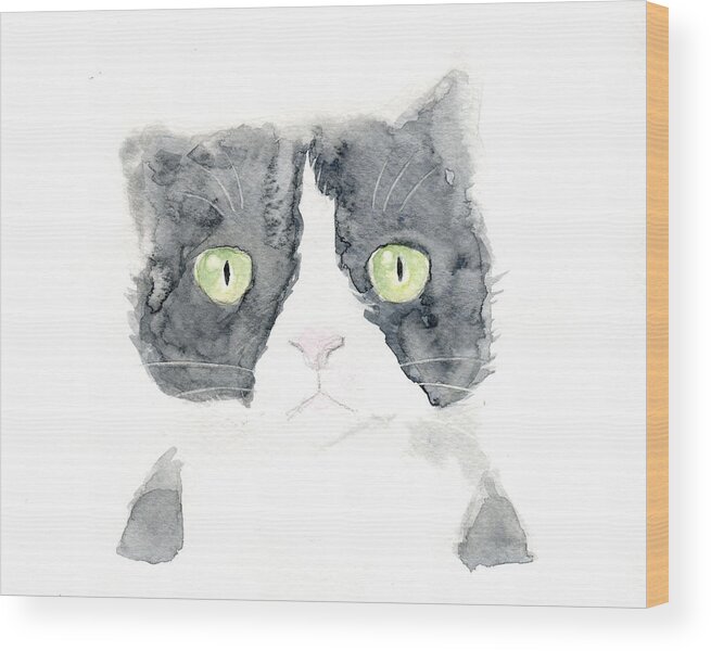 Thinking Cat Wood Print featuring the painting Thinking Cat by Kazumi Whitemoon