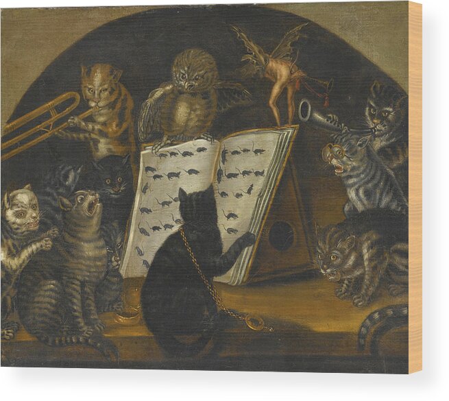 Lombard School Wood Print featuring the painting Cats being instructed in the Art of Mouse-Catching by an Owl by Lombard School