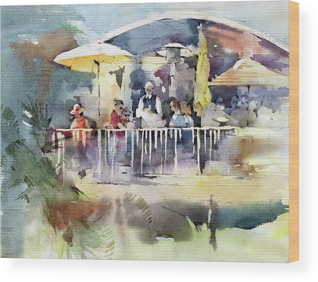 Cafe Wood Print featuring the painting C'est La Vie Restaurant - Laguna Beach - California by Natalia Eremeyeva Duarte