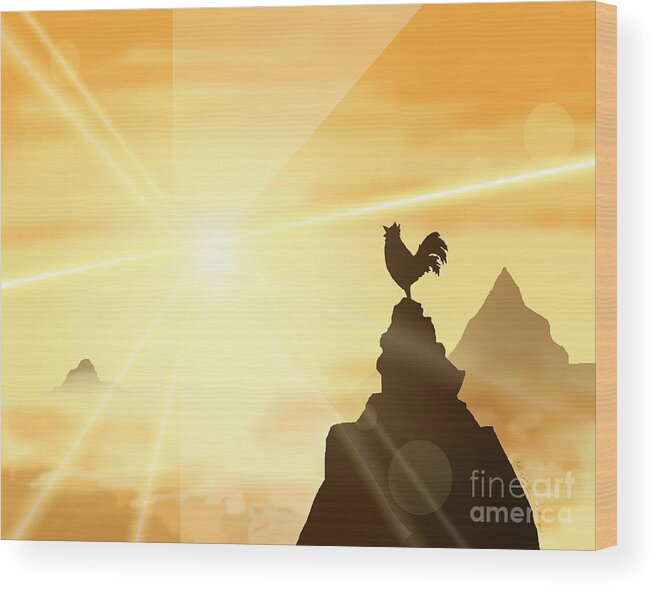 Rooster Wood Print featuring the digital art Challenge the Sun by Alice Chen