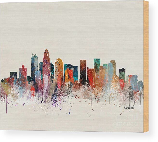 Charlotte North Carolina Cityscape Wood Print featuring the painting Charlotte Skyline by Bri Buckley