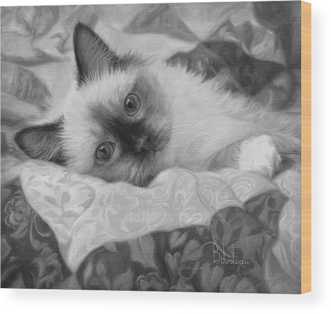 Cat Wood Print featuring the painting Charming - Black and White by Lucie Bilodeau