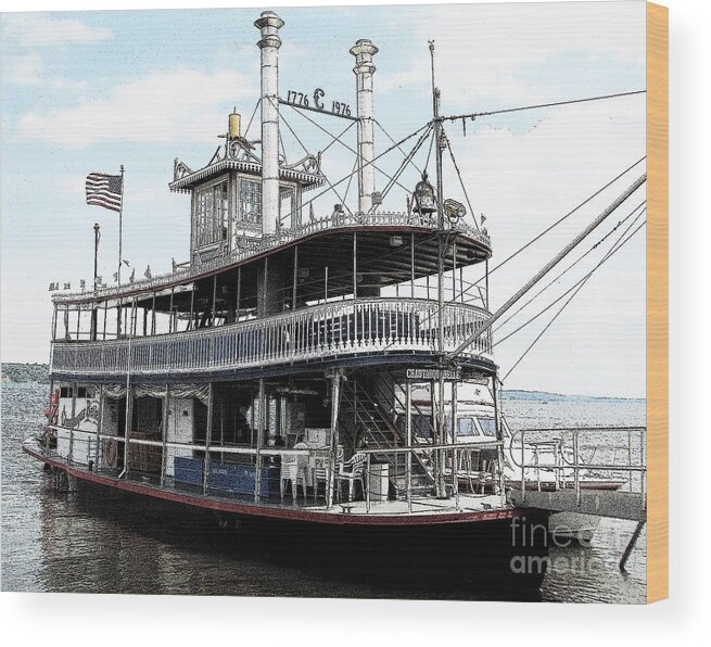 Chautauqua Belle Wood Print featuring the photograph Chautauqua Belle Steamboat with Ink Sketch Effect by Rose Santuci-Sofranko