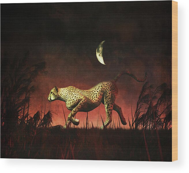 Africa Wood Print featuring the painting Cheetah hunting during the African night by Jan Keteleer