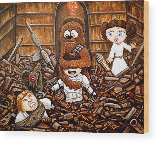 Star Wars Wood Print featuring the painting Chewie get off my me you Big Furry Oaf by Al Molina