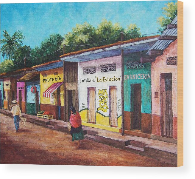 Landscape Wood Print featuring the painting Chiapas Neighborhood by Candy Mayer