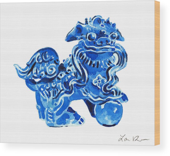 Chinese Foo Dog Fu Guardian Lion Blue Ceramic Chinoiserie Wood Print By Laura Row