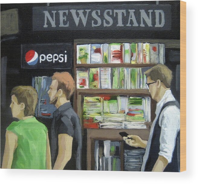 People On Street Wood Print featuring the painting City Newsstand - people on the street painting by Linda Apple