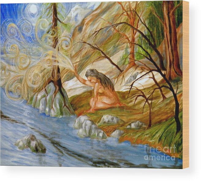Female Woman Landscape River Trees Forest Rocks Sky Moon Light Shadow Surrealistic Branches Roots Blue White Orange Green Yellow Brown Black Grey Swirls Symbolic Wood Print featuring the painting Clay Woman by Ida Eriksen