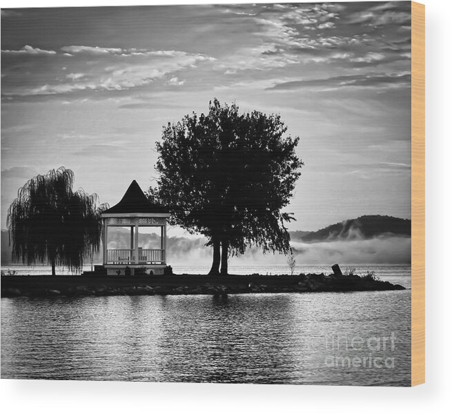 Claytor Lake Gazebo Wood Print featuring the photograph Claytor Lake Gazebo - Black and White by Kerri Farley