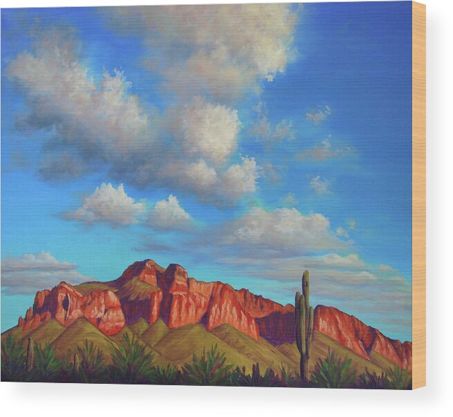 Landscape Wood Print featuring the painting Clouds Over Superstitions by Cheryl Fecht