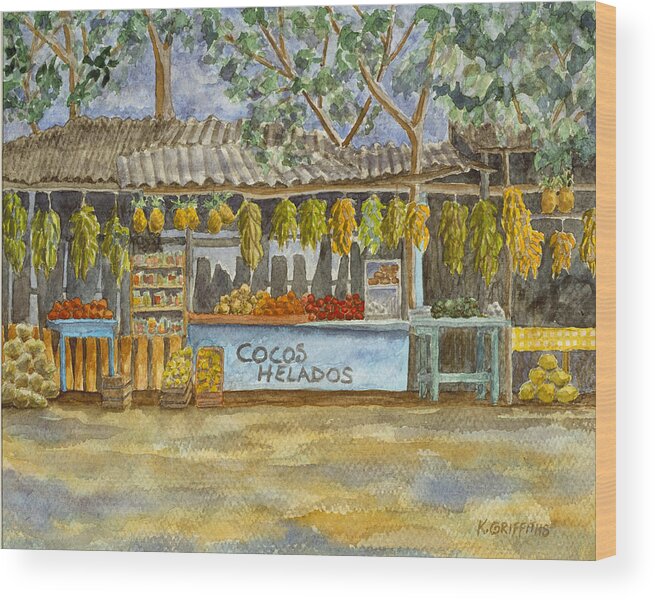 Fruit Stand Wood Print featuring the painting Cocos Helados by Karin Griffiths
