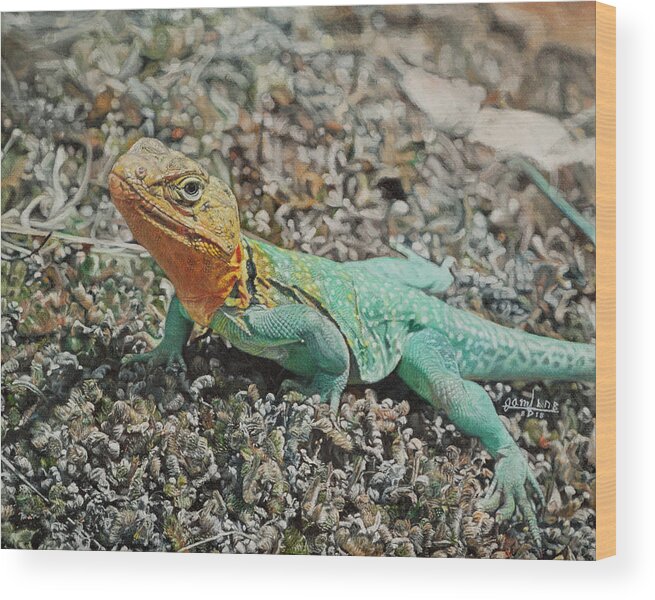 Lizard Wood Print featuring the painting Collared Lizard by Joshua Martin