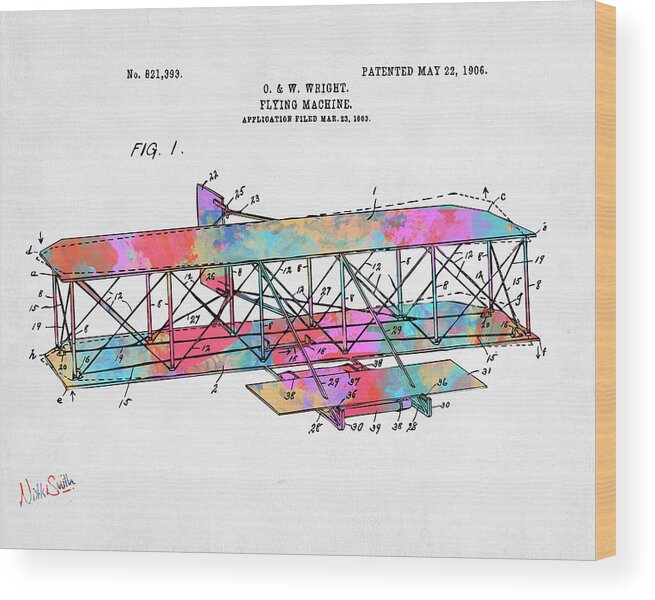 Wright Brothers Wood Print featuring the digital art Colorful 1906 Wright Brothers Flying Machine Patent by Nikki Marie Smith