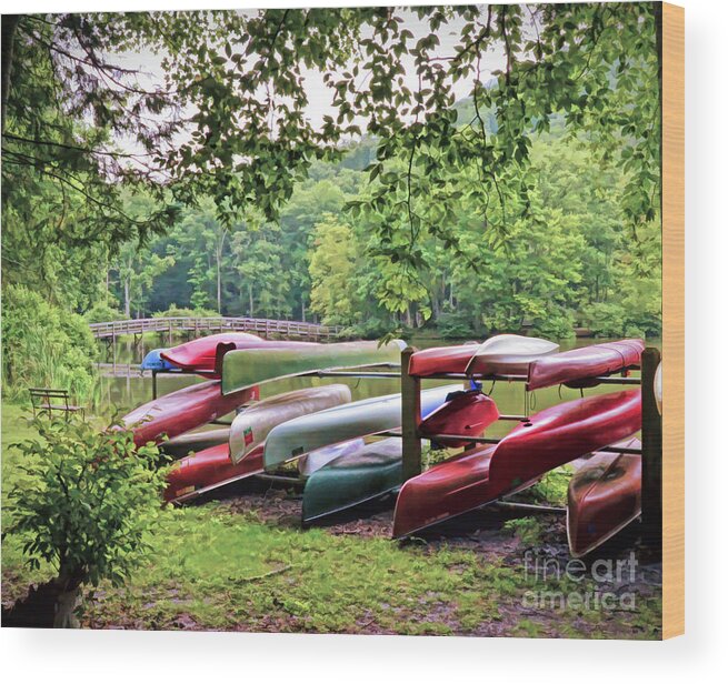 Canoes Wood Print featuring the photograph Colorful Canoes at Hungry Mother State Park by Kerri Farley