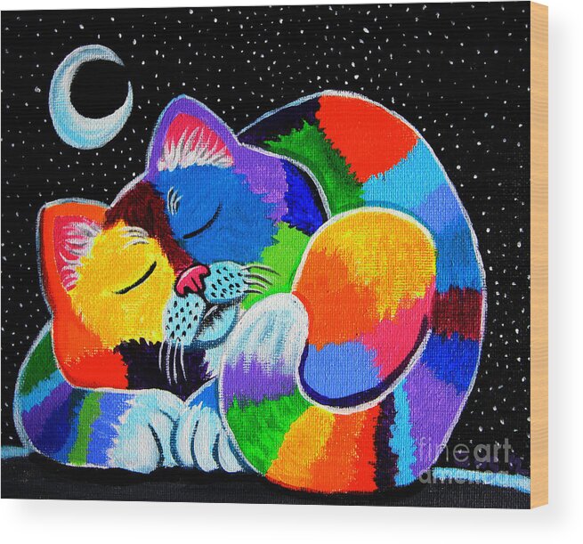 Cat Art Wood Print featuring the painting Colorful Cat in the Moonlight by Nick Gustafson