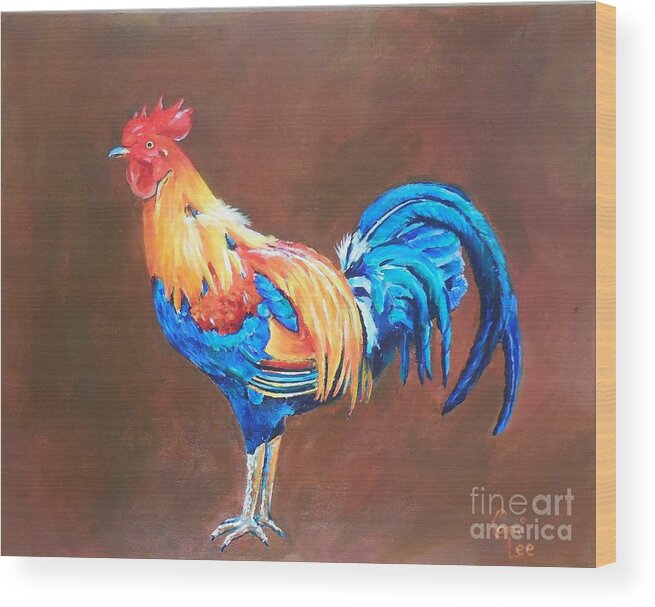Rooster Wood Print featuring the painting Colorful Rooster by Cami Lee