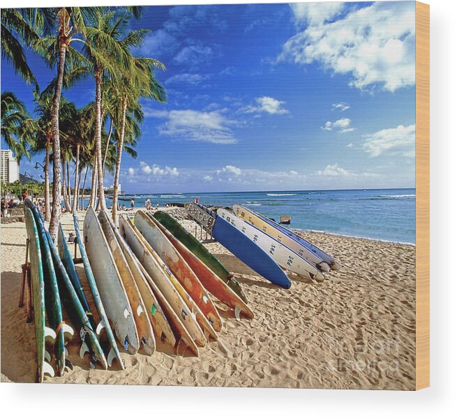 Beach Wood Print featuring the photograph Colorful Surfboards on Waikiki Beach by George Oze