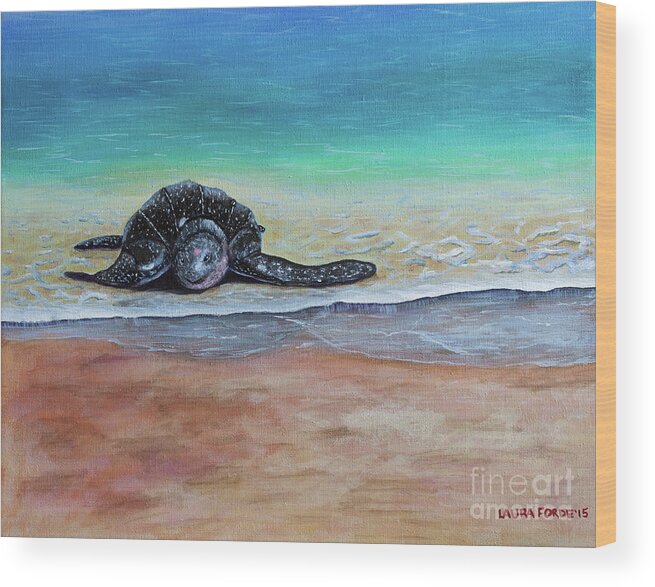 Leatherback Turtle Wood Print featuring the painting Coming To Nest by Laura Forde