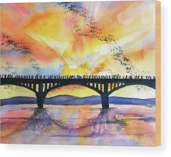 Austin Texas Wood Print featuring the painting Congress Bridge Bats Austin Texas by Carlin Blahnik CarlinArtWatercolor