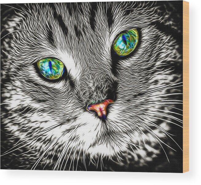 Cat Wood Print featuring the digital art Cool fractalized cat portrait with amazing eyes by Matthias Hauser
