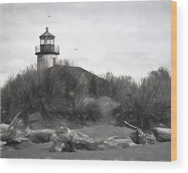 Lighthouse Wood Print featuring the photograph Coquille River Lighthouse Oregon Black And White Giclee Art Print by Gigi Ebert