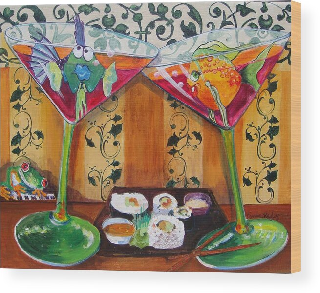 Cosmopolitans Wood Print featuring the painting Cosmos and Sushi II by Linda Kegley