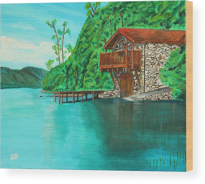Water Wood Print featuring the painting Cottage on lake by David Bigelow