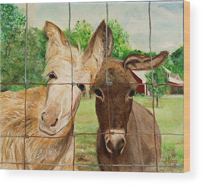 Pair Of Donkeys Wood Print featuring the painting Country Companions by Kathy Knopp