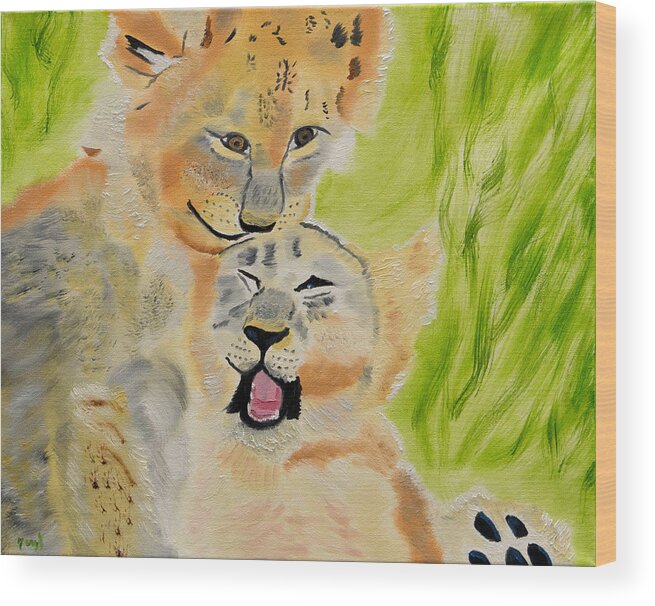 Lion Cubs Wood Print featuring the painting Love Spot On by Meryl Goudey