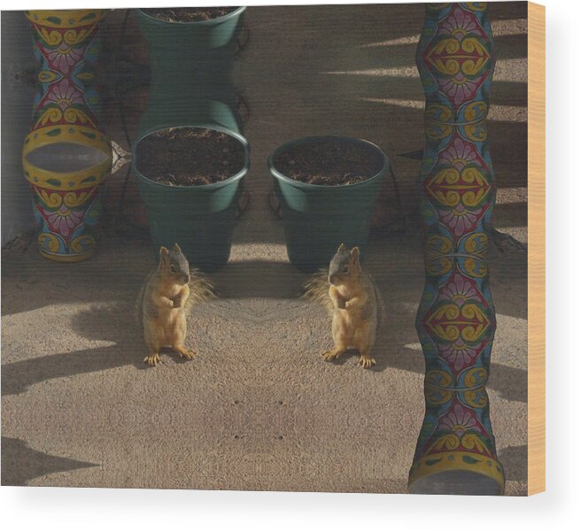 Squirrels Wood Print featuring the digital art Cute Baby Squirrels on the Porch by Julia L Wright