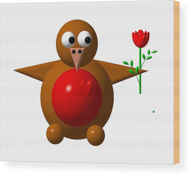 Robins Wood Print featuring the digital art Cute Robin with Rose by Rose Santuci-Sofranko