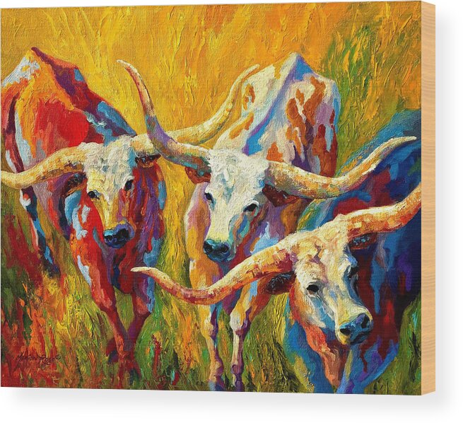 Western Wood Print featuring the painting Dance Of The Longhorns by Marion Rose