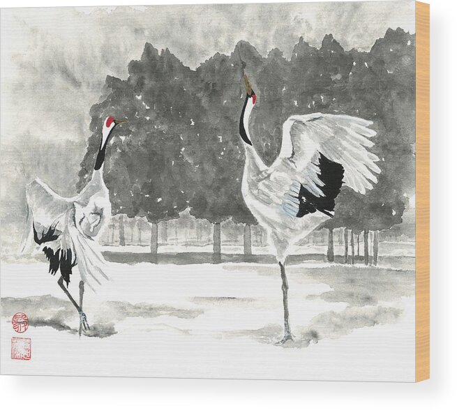 Hokkaido Wood Print featuring the painting Dancing Crane II by Terri Harris