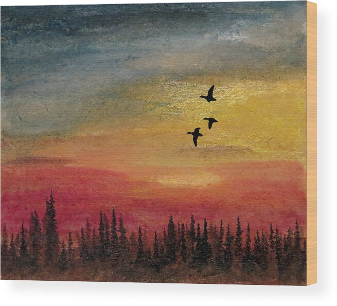 Deep Illuminated Night Waterfowl Stopover Rugged Northern Migratory Migration Wildlife Vast Spaces Outdoors Outdoor Kyllo Hunting Hunt Giant Canada Canadian Honker Goose Geese Artwork Art Forest Cold Pine Fir Spruce Silhouette Painting Flyway Wilderness Wild Sunset Sundown Skyscape Sky Scenic Scene Migrating Luminous Luminism Late Landscape Beautiful Flight Glide Birds Wood Print featuring the painting Deep Forest by R Kyllo