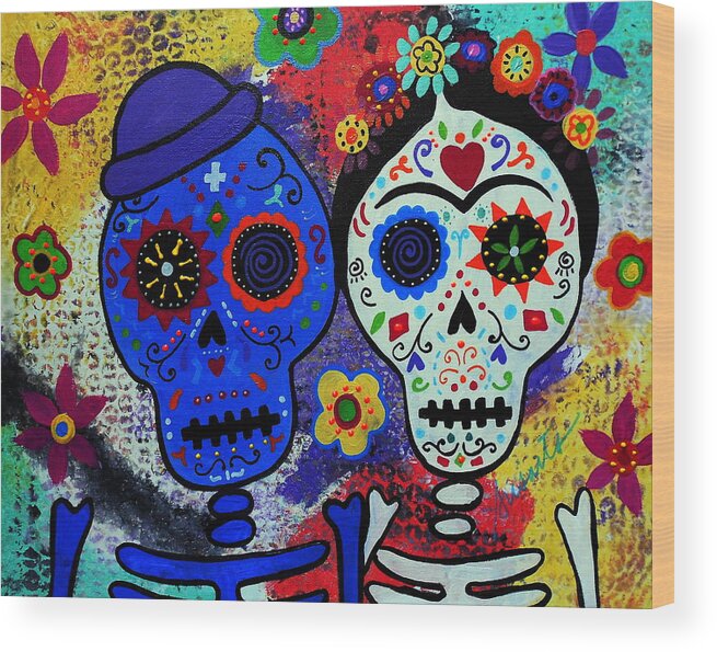 Diego Wood Print featuring the painting Diego Rivera And Frida Kahlo Dia De Los Muertos by Pristine Cartera Turkus
