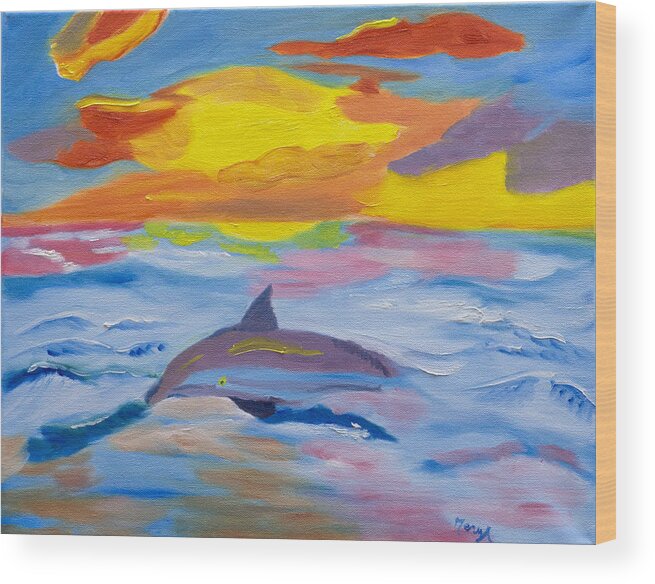 Dolphin Wood Print featuring the painting Diving Under The Sun by Meryl Goudey