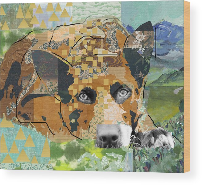 Dog Wood Print featuring the mixed media Dog Dreaming Collage by Claudia Schoen
