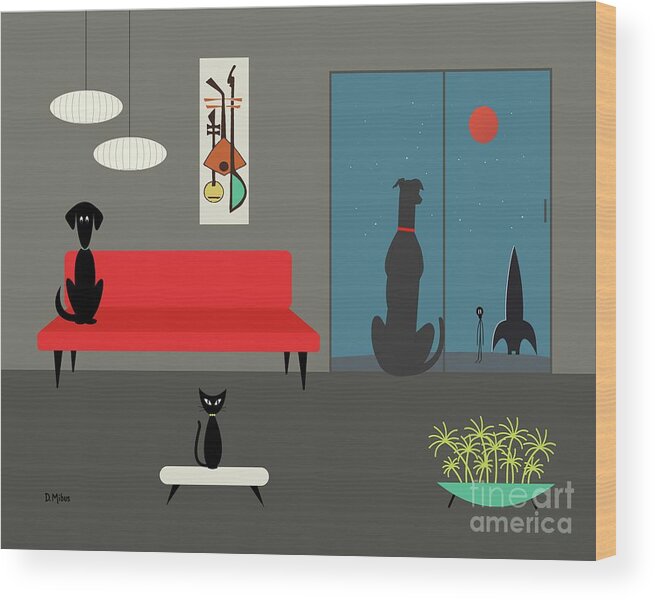 Mid Century Modern Wood Print featuring the digital art Dog Spies Alien Gray Room by Donna Mibus