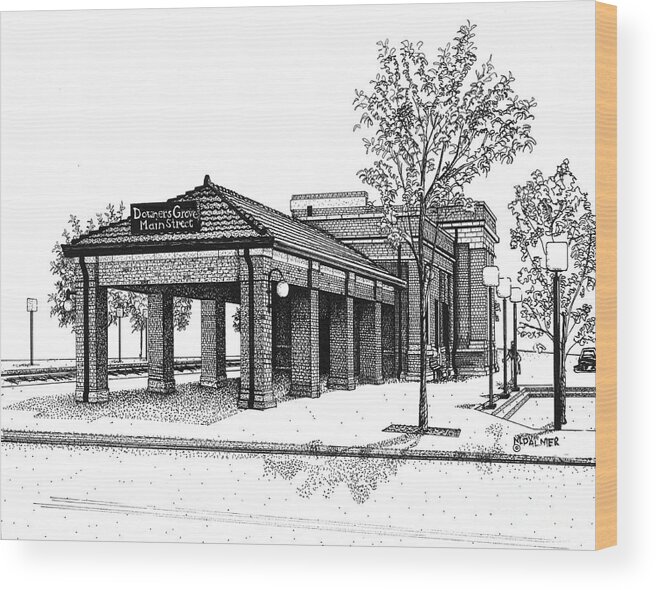 Station Wood Print featuring the drawing Downers Grove Main Street Train Station by Mary Palmer