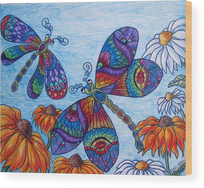 Dragonflies Wood Print featuring the drawing Dragons on the wing by Megan Walsh