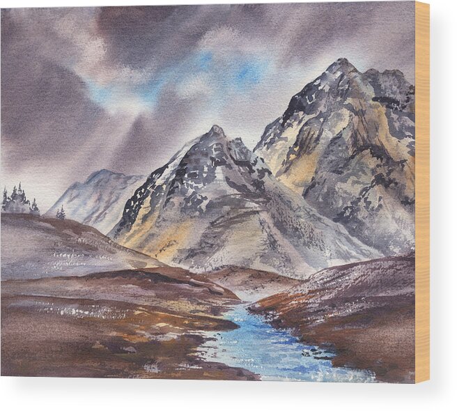 Mountains River Wood Print featuring the painting Dramatic Landscape With Mountains by Irina Sztukowski
