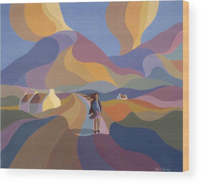 Paintings Wood Print featuring the painting Dreamscape with girl and cottage by Alan Kenny
