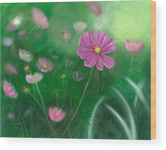 Cosmos Wood Print featuring the painting Cosmos Flowers by Helian Cornwell