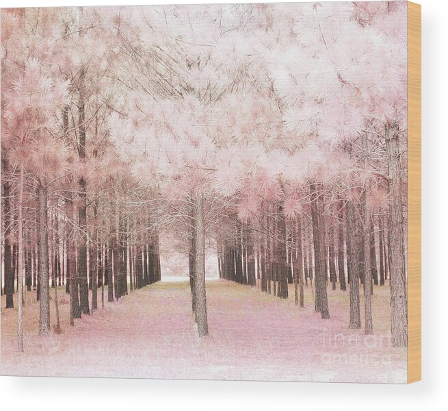 Pink Nature Photos Wood Print featuring the photograph Dreamy Shabby Chic Pink Nature Pink Trees Woodlands - Pink Nature Nursery Prints Decor by Kathy Fornal