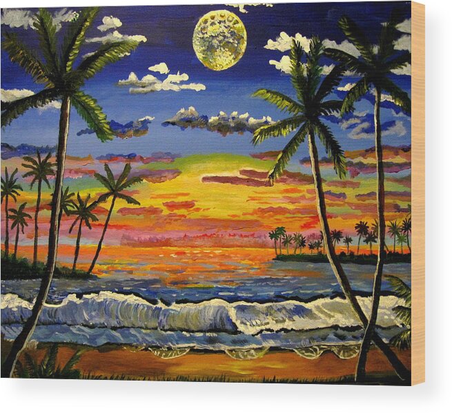Beach Wood Print featuring the painting Early Moon by Mike Benton
